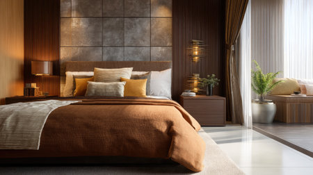 Discover a beautifully designed modern bedroom filled with warm tones and elegant decor, perfect for relaxation and comfort in a stylish setting.の素材