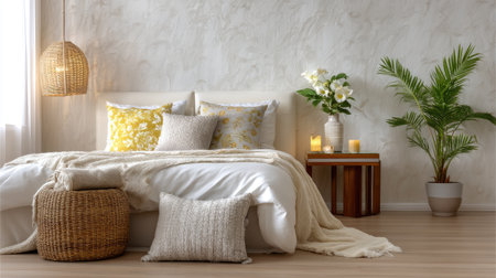 This image showcases a cozy bedroom featuring soft textiles, natural dの素材