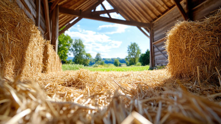 A peaceful barn interior showcasing straw bales with a scenic view of the countryside. Sunlight pours in through the open structure, illuminating nature.の素材