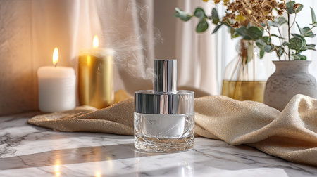 A chic perfume bottle sits gracefully on a marble surface, surrounded by soft fabric and glowing candles, exuding elegance and sophistication in a serene ambiance.の素材