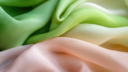 A beautiful close-up of soft, silky fabric in shades of green and peach, showcasing elegant folds and a natural flow, perfect for various design projects.の素材