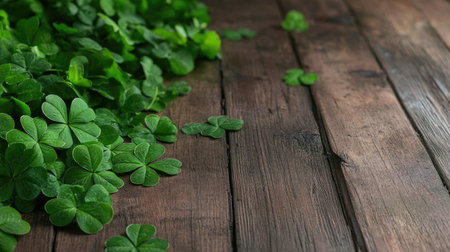 A vibrant arrangement of fresh green clover leaves scattered over a rustic wooden surface, creating a natural and calming atmosphere perfect for various settings.の素材