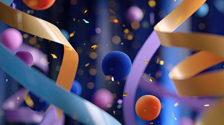 Dynamic and vibrant depiction of a festive celebration featuring floating colorful balls, swirling ribbons, and confetti in mid-air, creating an energetic and joyful atmosphere.の素材