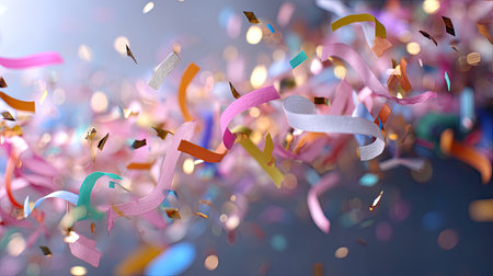 A dynamic display of colorful confetti and streamers swirling through the air, creating a lively atmosphere perfect for any celebration or festive occasion.の素材