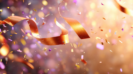 A mesmerizing display of colorful confetti and shimmering ribbons swirl through the air, creating an atmosphere of joy and celebration perfect for any festive event.の素材