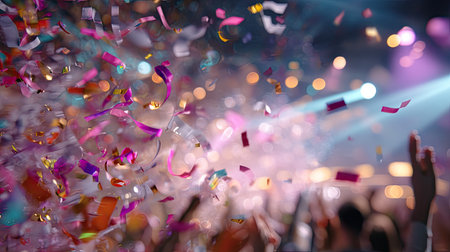 A vibrant explosion of colorful confetti fills the air during a lively celebration, capturing the joyful energy of a crowded event with dazzling lights.の素材