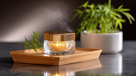 A tranquil scene featuring a glowing scented candle surrounded by bamboo plants, creating a serene relaxation atmosphere perfect for wellness and self-care.の素材
