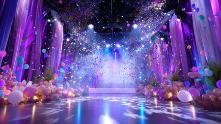 A vibrant celebration stage adorned with colorful lights, balloons, and confetti, creating a joyful atmosphere perfect for events, parties, or performances.の素材