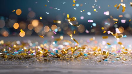 Colorful confetti and streamers fall gracefully against a blurred backdrop of festive lights, capturing the essence of joyful celebrations and special events.の素材