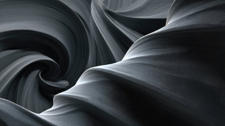 Captivating abstract representation featuring swirling black textures with smooth curves, showcasing a dynamic interplay of light and shadow.の素材