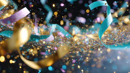 Festive scene featuring vibrant confetti and colorful streamers cascading over a sparkling surface, creating an energetic atmosphere perfect for celebrations.の素材