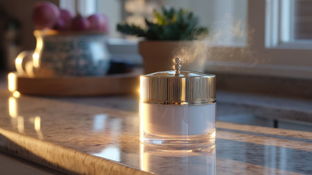 A beautiful glass jar with a silver lid sits on a countertop, emitting a gentle mist under soft sunlight, creating a warm and tranquil ambiance.の素材