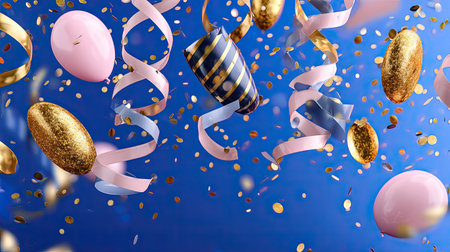 A vibrant scene depicting colorful balloons, sparkling confetti, and elegant streamers on a blue background, perfect for festive occasions and celebrations.の素材