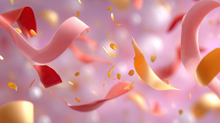 A vibrant and colorful scene featuring flowing ribbons and confetti gently falling against a soft pink background, perfect for celebrations.の素材