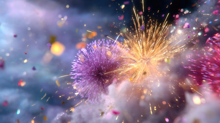 This stunning image features a vibrant explosion of light and color, with sparkles bursting through clouds. The dynamic scene evokes feelings of celebration and joy.の素材