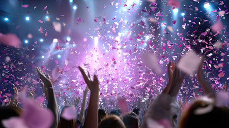 A vibrant concert scene featuring excited fans with hands raised, surrounded by falling colorful petals, creating a joyful and festive atmosphere.の素材