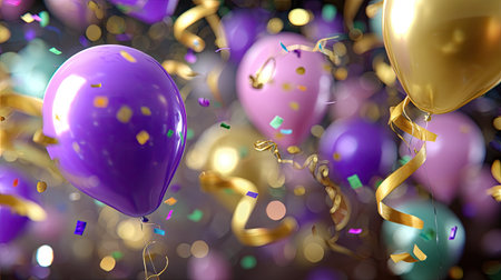 A lively scene filled with colorful balloons and sparkling confetti, perfect for conveying a sense of joy and celebration in events and parties.の素材
