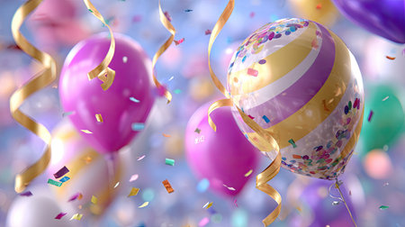 A lively collection of colorful balloons adorned with confetti and streamers creates a vibrant atmosphere, perfect for any festive celebration or joyful gathering.の素材