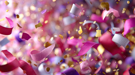 A dynamic scene featuring colorful confetti and streamers cascading through the air, creating a joyful and festive atmosphere ideal for celebrations.の素材