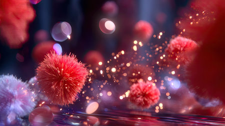This stunning abstract image showcases colorful particles in dynamic motion, enriched by a soft blurred background and sparkling lights, creating an enchanting atmosphere.の素材