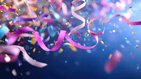 This dynamic image showcases an explosion of colorful confetti and streamers falling against a bright backdrop, perfect for conveying celebration and joy.の素材