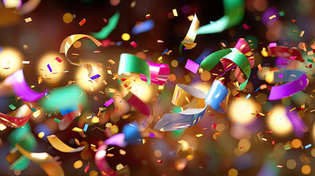 A vibrant scene featuring colorful confetti and streamers cascading against a blurred background of festive lights, perfect for capturing the essence of celebration and joy.の素材