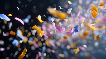 A stunning display of colorful confetti bursting into the air, creating a festive atmosphere perfect for celebrations and special occasions. The vibrant pieces of paper showcase various textures and shapes, enhancing the joyful mood.の素材