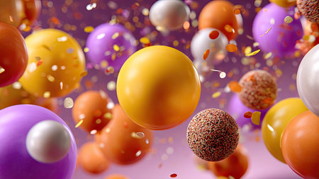 This vibrant image features floating colorful spheres surrounded by confetti, creating a playful and celebratory atmosphere ideal for festive occasions.の素材