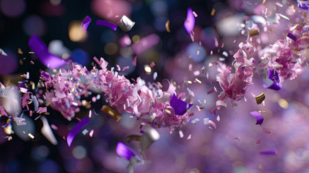 Colorful confetti swirls through the air, creating a vibrant and dynamic scene that captures the essence of joyful celebrations and festive occasions.の素材