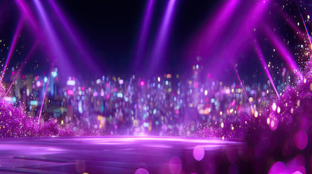 Stunning vibrant purple stage with dynamic spotlighting, sparkles, and bokeh effects, creating a magical atmosphere for events and performances.の素材