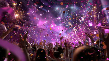 A lively celebration scene showcasing a joyful crowd with raised hands amidst colorful confetti and vibrant lights, capturing the energy of a festive event.の素材