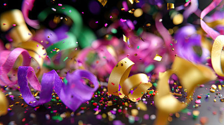 This dynamic image features a beautiful explosion of colorful streamers and confetti, creating a lively atmosphere perfect for parties, celebrations, or festive events.の素材