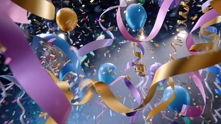 Vibrant and colorful scene filled with balloons, streamers, and confetti, creating a joyful atmosphere perfect for celebrating special occasions and events.の素材
