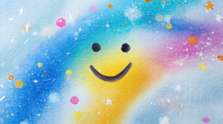 This vibrant watercolor artwork features a cheerful smiley face amidst a dreamy backdrop of colorful stars, expressing joy and playfulness.の素材
