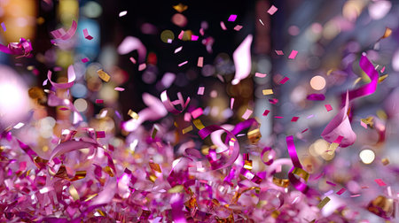 Vibrant and colorful confetti falls amidst a joyful celebration, creating a festive atmosphere with a beautiful bokeh background to enhance the mood.の素材