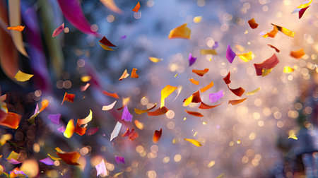 A stunning view of colorful confetti cascading through the air, set against a sparkling bokeh background, perfect for conveying joy and celebration.の素材