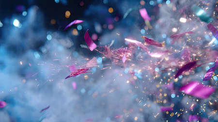 A vibrant explosion of colorful confetti and sparkles emerges from a smoky background, creating a dynamic and festive atmosphere perfect for celebrations.の素材