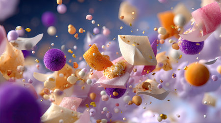 Vibrant abstract elements float in a dynamic composition, showcasing textures and colors that evoke creativity and imagination, perfect for visual art.の素材