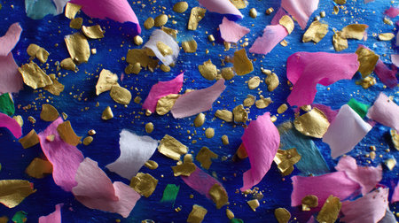 Close-up of colorful petals and gold foil scattered over a vibrant blue background, creating a festive and artistic atmosphere ideal for celebrations.の素材