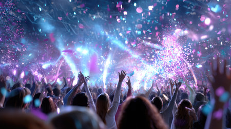 A vibrant celebration scene showcasing an enthusiastic crowd with hands raised, enjoying colorful confetti amidst bright stage lights and excitement.の素材