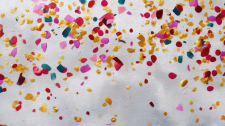 A vibrant and colorful background featuring scattered confetti and petals in various shades, perfect for creating a festive atmosphere at parties or events.の素材