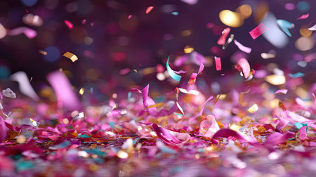 Experience the vibrant energy of a celebration with dynamic confetti scattered on a bright background, adding a festive touch to any event.の素材