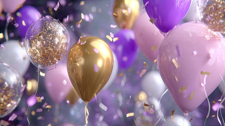 Vibrant balloons in a dreamy setting create a joyful atmosphere for celebrations. Ideal for invitations, event promotions, or festive decorations.の素材