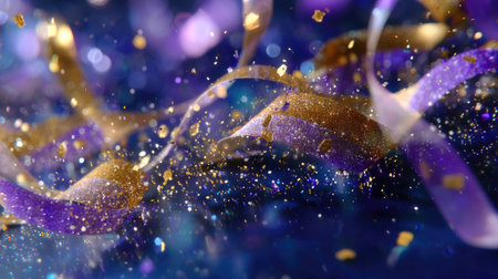 This vibrant abstract background features colorful ribbons swirling amidst shimmering glitter and sparkling effects. Perfect for festive celebrations, this design captures joy and elegance, making it ideal for event promotions and artistic projects.の素材