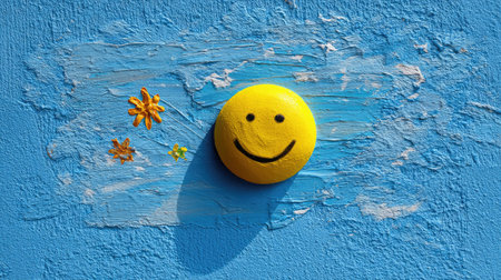A cheerful yellow smiley face stands out on a textured blue wall, surrounded by joyful flower decorations. This playful artwork embodies happiness and positivity.の素材