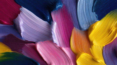 Close-up view of vibrant and colorful paint strokes creating a stunning abstract texture. Perfect for artistic inspiration or creative design projects.の素材