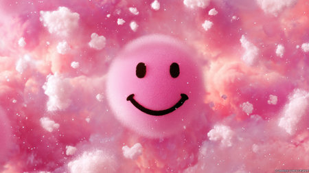 A charming pink smiley face floats amidst soft clouds in a pastel sky, radiating joy and happiness. This dreamy scene captures playful emotions and a whimsical atmosphere perfect for creative projects.の素材