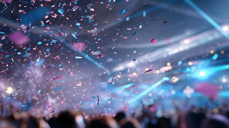 An exhilarating scene of colorful confetti cascading through the air during a vibrant celebration event, capturing the joy and excitement of the moment.の素材