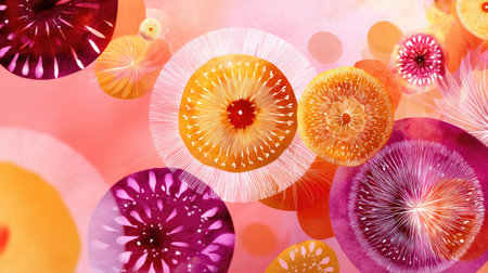 This captivating abstract artwork features vibrant circles resembling flowers, displayed against a soft pink backdrop. The lively colors and intricate designs create a playful and dreamy atmosphere, perfect for modern decor, design projects, and creative expressions.の素材