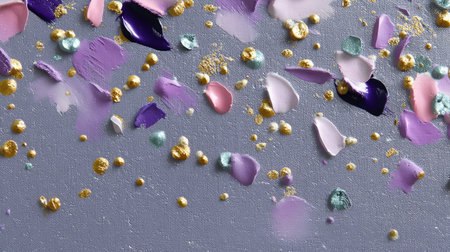 An eye-catching arrangement of colorful paint splashes and dots on a gray surface. The vibrant colors and gold accents create an artistic backdrop suitable for creative projects.の素材